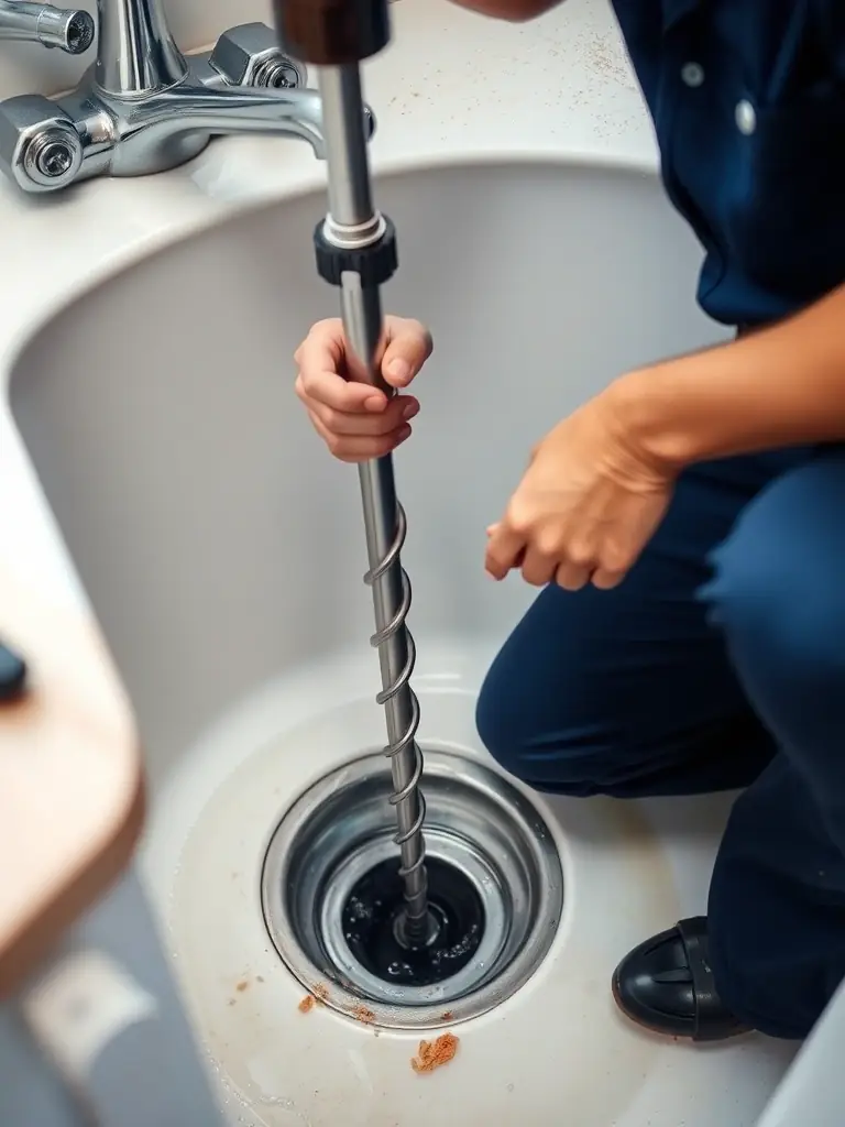 A clear photograph of a plumber unclogging a drain with professional tools, emphasizing the effectiveness and cleanliness of the service.