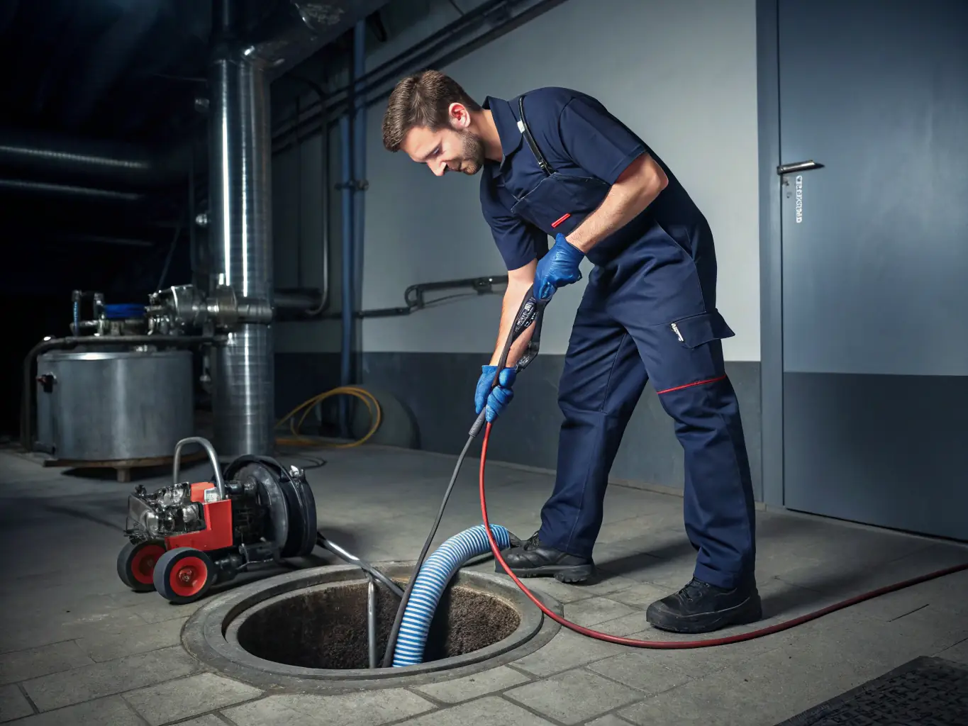 A plumber rolling out a red carpet into a clean, modern home, symbolizing the company's commitment to red carpet service.