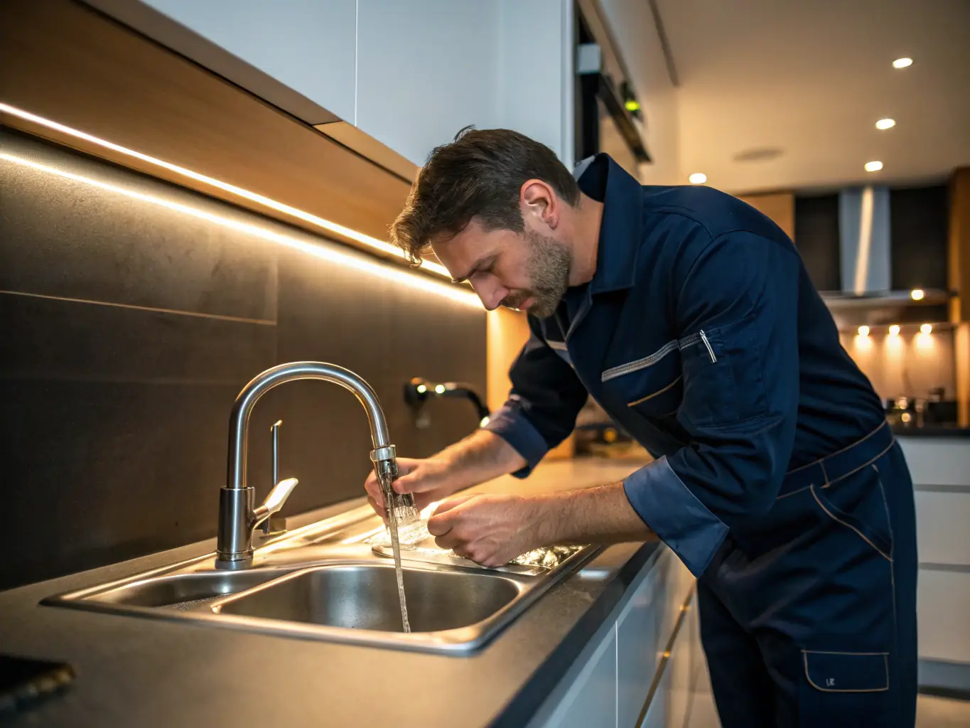 A close-up shot of a plumber expertly repairing a pipe with precision tools, highlighting the company's commitment to quality workmanship.