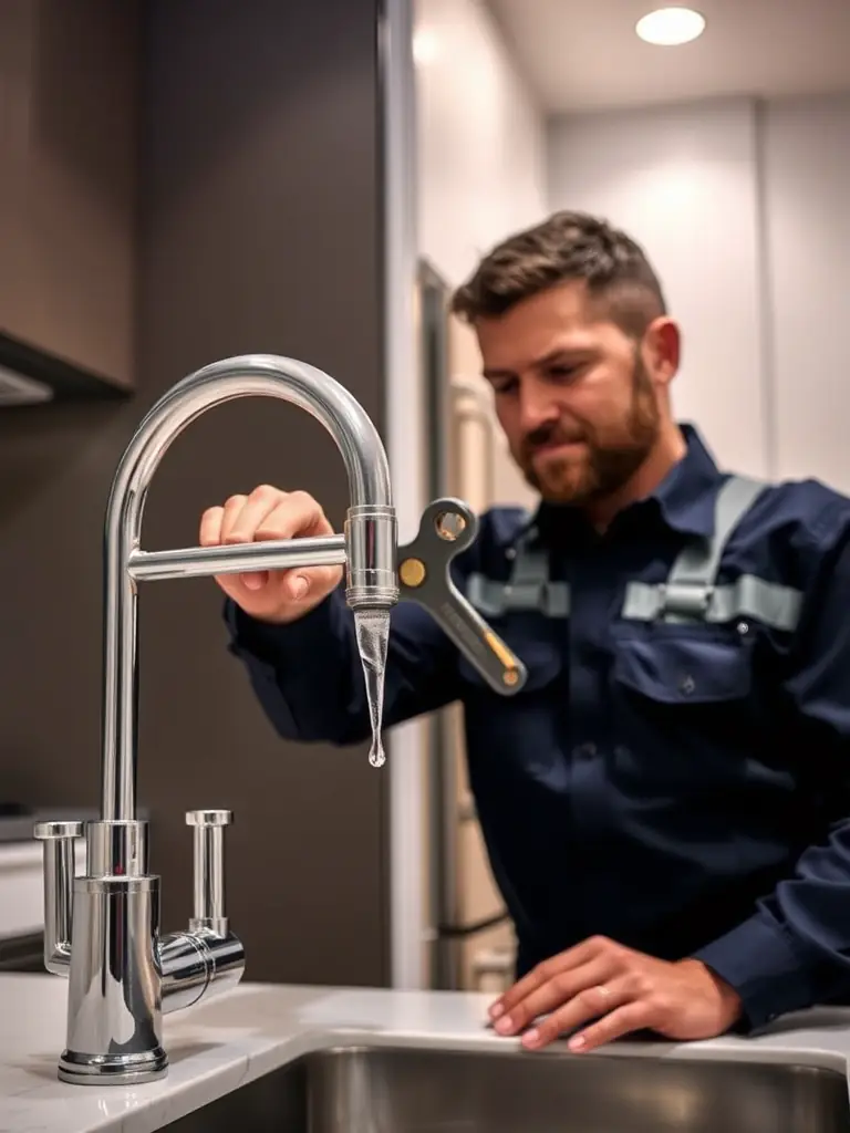 A high-resolution image depicting a plumber expertly repairing a leaky faucet in a modern kitchen, showcasing precision and attention to detail.