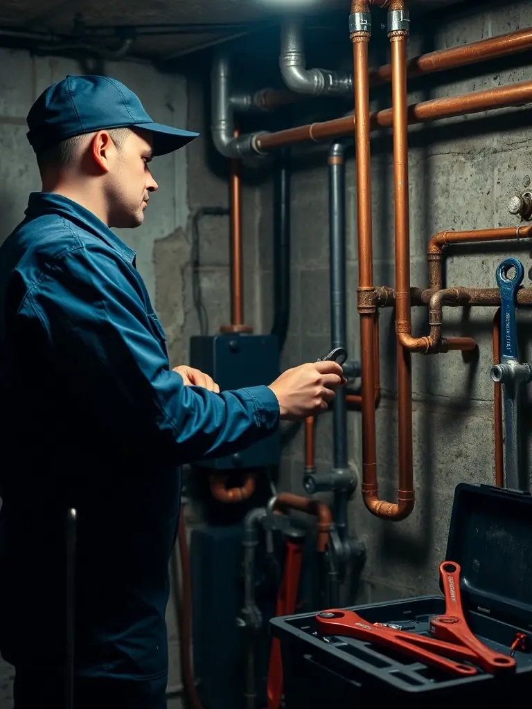 A detailed image of a plumber inspecting pipes for leaks with advanced detection equipment, emphasizing the thoroughness of the inspection.